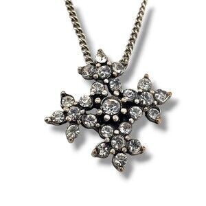 Vintage LC Liz Claiborne Silver Tone Rhinestone Cluster Cross Floral Necklace